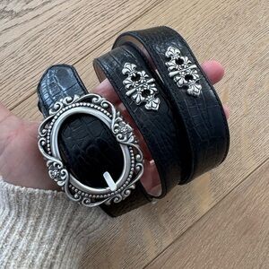 Coldwater Creek Black Leather Embossed Belt with Ornate Silver Buckle